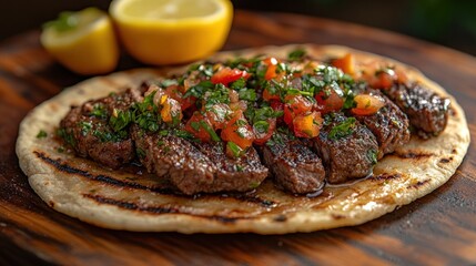 Grilled steak with salsa on a flatbread, accompanied by lemon wedges.