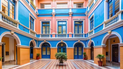 South courtyard with blue and peach color wall and stylish facade background, courtyard, south, blue, peach, wall