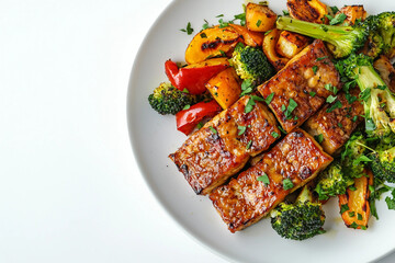 Wall Mural - A plate of food with meat and vegetables. The plate is set on a white table