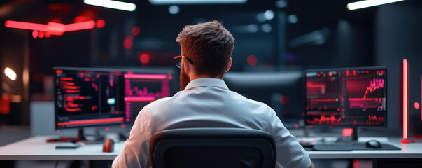 Wall Mural - A man in an office setting, focused on analyzing complex data displayed across several computer screens, with a dark, futuristic ambiance.