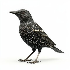 A black bird with white spots on its wings and tail