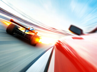 Fast paced action captures race car and fighter jet in motion, showcasing speed and excitement on track.