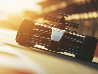 Sleek Formula 1 car racing on track, showcasing speed and precision in dynamic setting.