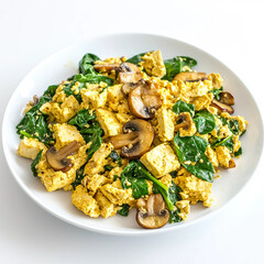 Wall Mural - A plate of food with spinach, mushrooms, and tofu