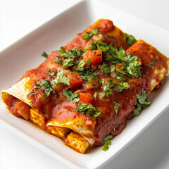 Wall Mural - A plate of enchiladas with a red sauce and green herbs. The dish is served on a white plate