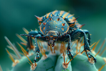 Macro shot of beetle climbing cactus spine with intricate details