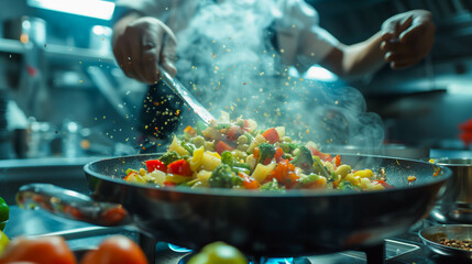 Professional Chef Stirring Fresh Vegetables in Saute Pan