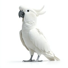 A white parrot stands on a white background