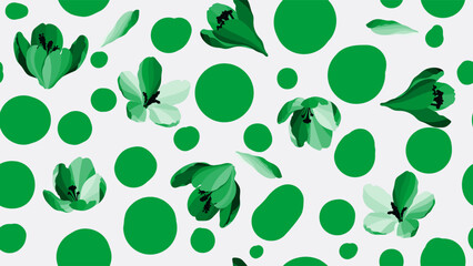 Wall Mural - Abstract seamless pattern, green crocus flowers and dots on grey background