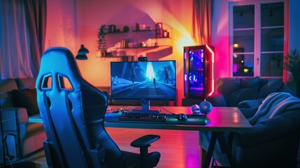 Concept for Playing Cyber Games and Online Entertainment: Modern Computer and Neon Lighting in a Gaming Room Interior