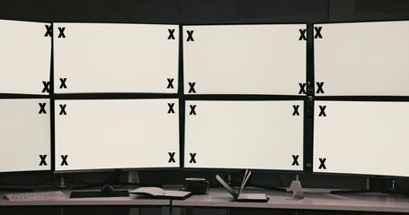 Poster - Office, computer screen and monitor with tracking markers on mockup for trading, info and research. Business, interior and tech with space for financial, cryptocurrency and online exchange platform