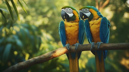 Blue-and-yellow Macaws, Perched on a Branch in Nature, Realistic Photo, Texture, Pattern Background, Wallpaper, Cover and Screen for Smartphone, PC, Laptop, 9:16 and 16:9 Format