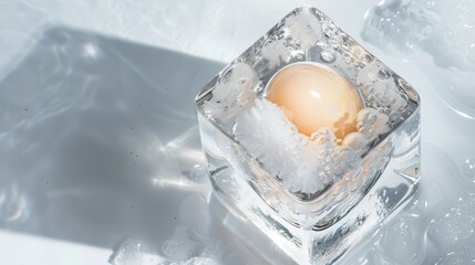 Photo of frozen genetic material, egg in ice cube on white background.