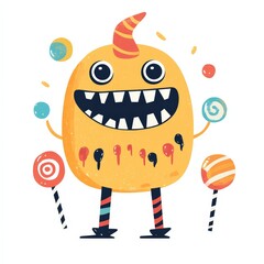 Wall Mural - A cartoon monster is holding two lollipops and a juggling ball