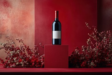 A bottle of red wine stands on a red platform, surrounded by red branches against a red background.