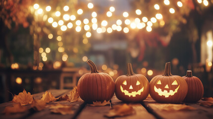 Wall Mural - jack o lantern halloween holiday orange pumpkin on the wood floor background bokeh lights leaves forest trees woods lights backdrop