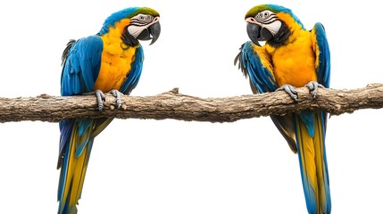 Blue-and-yellow Macaws, Perched on a Branch on a White Background, Realistic Photo, Texture, Pattern Background, Wallpaper, Cover and Screen for Smartphone, PC, Laptop, 9:16 and 16:9 Format