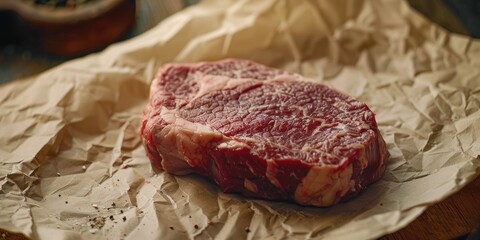 Poster - Raw ribeye steak wrapped in parchment paper, ready for cooking