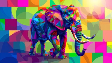 A stunning abstract illustration of an elephant, featuring a geometric pattern and vibrant colors, set against a colorful background. The bold design and vivid hues create a visually striking and