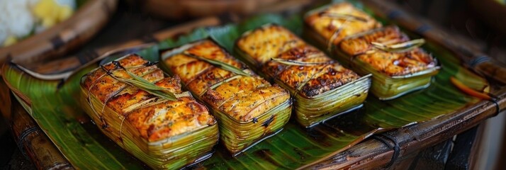 Canvas Print - Grilled Fish Cakes Wrapped in Banana Leaf Traditional Snack