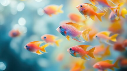 Isolated goldfish swimming in a blue aquarium surrounded by bubbles