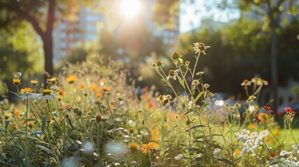 Poster - Floral vegetation in urban park with blurred backdrop