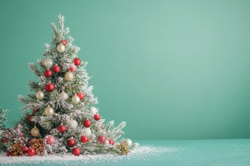 Christmas tree decorated. A vibrant Christmas tree adorned with multicolored lights and baubles, glowing against a soft green background