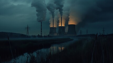 A power plant with glowing smokestacks releases smoke into the night sky near a river. The dark, reflective water and illuminated industrial structures create a powerful scene of environmental and