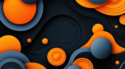 Wall Mural - Abstract background with overlapping circles in shades of orange and blue on a black background with a dotted pattern.