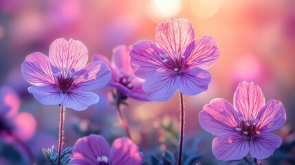 Pink flowers in a field at sunrise, with the sun shining through the petals.