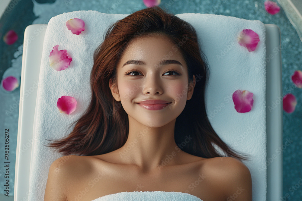Tranquil Spa Scene: Japanese Woman Lying on a Massage Table with Pink ...
