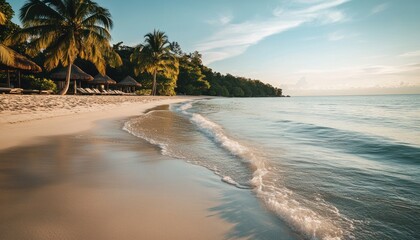 Poster - Tropical Beach with Palm Trees, Sun-Kissed Sand, and Gentle Waves