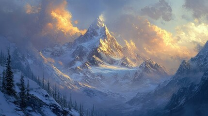 Poster - Majestic Snowy Mountain Peak at Sunrise with Golden Clouds