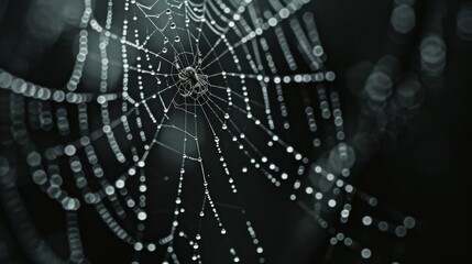 A close-up of a spiderweb adorned with morning dew, glistening against a dark background. The intricate web structure and water droplets create a delicate and mesmerizing natural pattern.