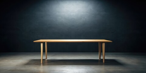 Empty rectangular table on gray floor against black background in minimalist style, rendering, empty, table, rectangular