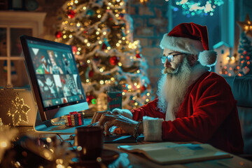 Canvas Print - Person in Santa hat sitting at laptop on Christmas Eve, festive decorations around, with a beautifully lit Christmas tree in the background.