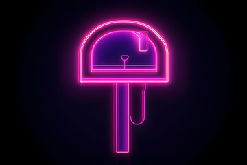 Wall Mural - Neon pink and purple mailbox icon with wireframe details isolated on black background