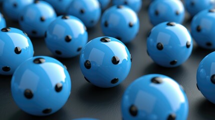 Wall Mural - A close-up shot of many blue spheres with black dots on a grey background. The spheres are arranged in a random pattern and are illuminated from above.