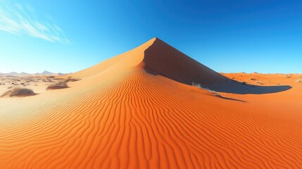 A towering sand dune rises under a clear blue sky in the desert.