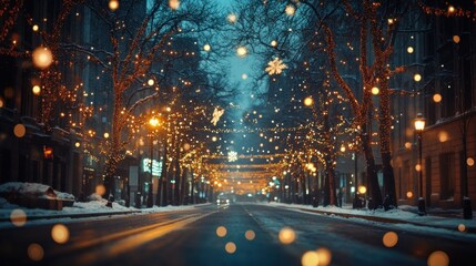 Wall Mural - Snowy City Street Decorated with Christmas Lights at Night