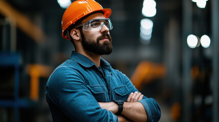 Wall Mural - Bearded industrial worker wearing a hard hat and safety glasses, standing confidently in a factory setting with arms crossed.