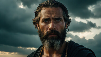 Portrait of Moses in Dramatic Lighting with Dark Clouds