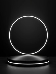 Black Friday Sale. Black circle podium, decoration with neon light white round, Black balloon on dark background. Stage empty for decor for Product, Advertising, with generative ai