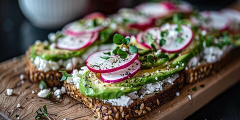 Wall Mural - Toast topped with avocado, cream cheese, radishes, feta, red onion, and freshly ground pepper, served on a wooden board.