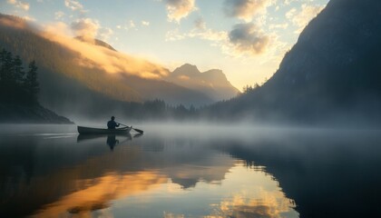 Sticker - Solitary Figure Rowing on a Misty Lake at Sunrise