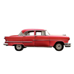 A red vintage car is parked on a white background