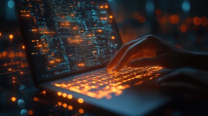 Close-up of a hand typing on a laptop keyboard with glowing data displayed on the screen.