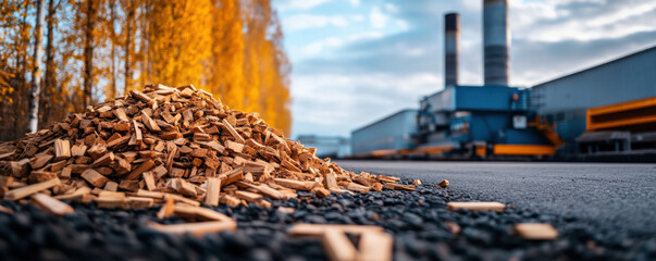 A large pile of wood chips lies on a road with an industrial plant in the background and autumn trees to the side.