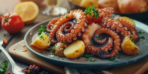 Wall Mural - Tentacles of an octopus accompanied by boiled potatoes and mixed vegetables