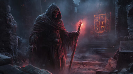 A hideous undead sorcerer in a black cloak holding a glowing staff in a dark, eerie setting